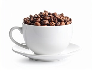 Fototapeta premium White cup with roasted coffee beans isolated on white background