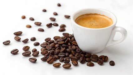 Obraz premium Directly above shot of coffee cup with beans on white background