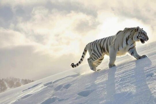 White tiger walks majestically through snowy landscape, paws delicately stepping, tail swishing gently