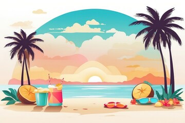 Tropical Summer Beach Illustration with Coconut Drink, Palm Trees, and Sunset

