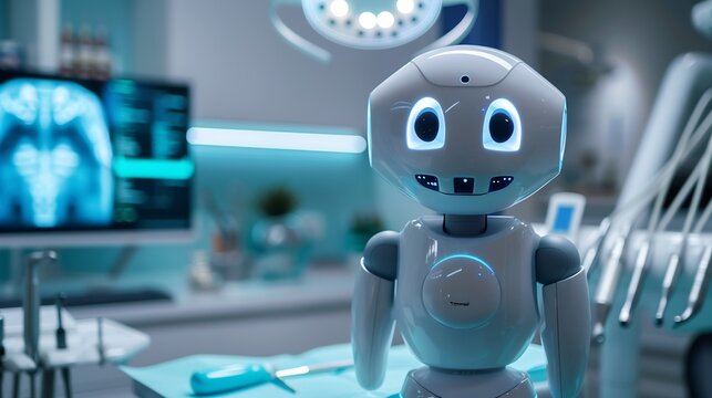 Futuristic AI powered dental assistant robot helping a dentist high tech sci fi clinic background