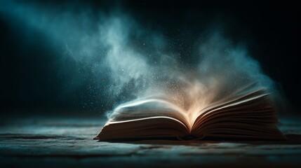 Illuminated book with swirling dust particles in a dark setting. Radiant energy passage.