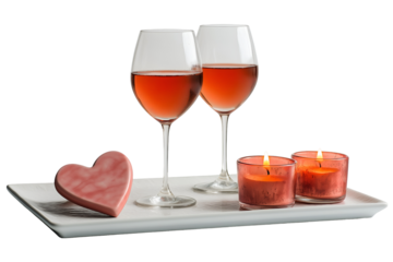 A romantic dinner table setup with candles, wine glasses, and heart-shaped plates, isolated on a white background