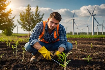Young man actively watering plants in a vibrant summer garden