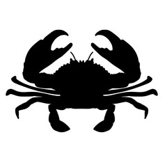 Cartoon illustration of a flat design of a black silhouette of a sea crab. Beach, sand, crustaceans.