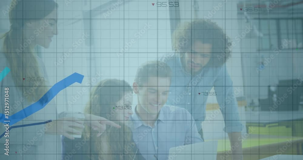 Poster office colleagues typing on laptop and sparking business data graphs rising and falling on grid