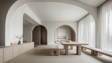 Obraz premium A minimalist dining area with arched openings.