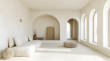 Obraz premium Minimalist living room with arches and large windows.
