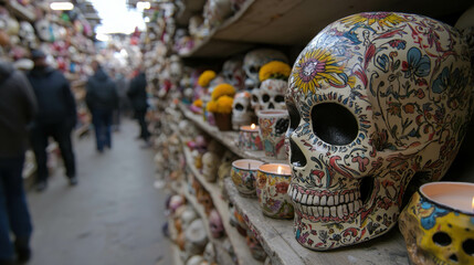 Fototapeta premium Colorful ceramic skulls lined up on shelves in a vibrant marketplace celebrating tradition and culture, attracting visitors and creating a lively atmosphere