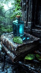 Enchanted Forest Potion Mystical Blue Elixir on Ancient Books