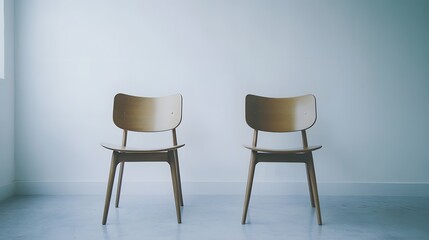 Two light brown wooden chairs against a light gray wall.
