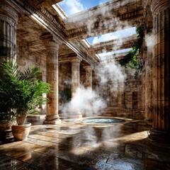 Mystical Ancient Roman Baths Sunlit Columns and Steam