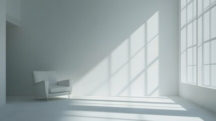 Obraz premium Empty room with a single armchair and large windows.