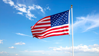 Stars and stripes of the USA flag fluttering in the wind with a vibrant blue sky background.
