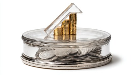 Clear circular container, gold coins stacked, forming upward trend, silver coins