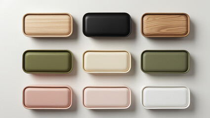 Nine rectangular boxes in various colors and materials for mockup