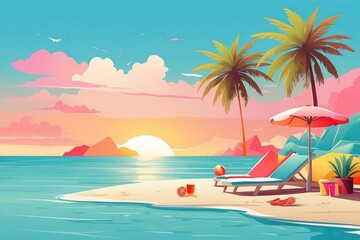 Tropical Summer Beach Illustration with Coconut Drink, Palm Trees, and Sunset

