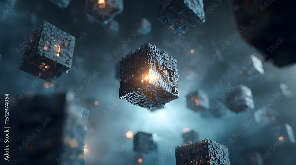 Poster glowing stone cubes floating in dark nebula abstract 3d render