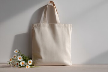 A beige cotton tote bag rests on a light wood surface next to a bouquet of daisies, illuminated by soft sunlight casting shadows on a pale wall