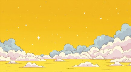 A stylized sunset scene with pastel clouds across a yellow sky dotted with small stars. The style is reminiscent of cartoon illustration
