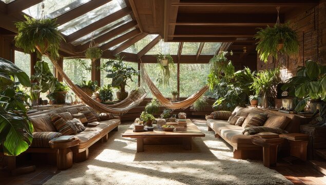 Sun-drenched indoor garden room with hammocks and comfy seating