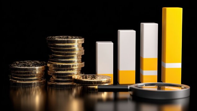 Gold coins stacked, alongside bar graphs; magnifying glass
