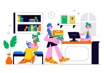Bookstore Vector Illustration Featuring a School Library Room for Studying, Reading, Education, Self Development, and Literature in a Flat Background