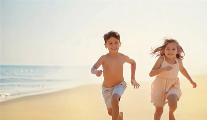 Fototapeta premium happy children runnung on the beach