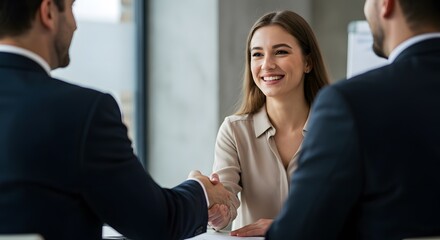 Young Woman Shaking Hands with HR Recruiters During Job Interview in Modern Office