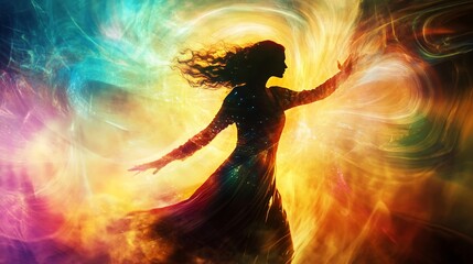 Silhouette of a Woman Bathed in Ethereal Light and Energy Waves