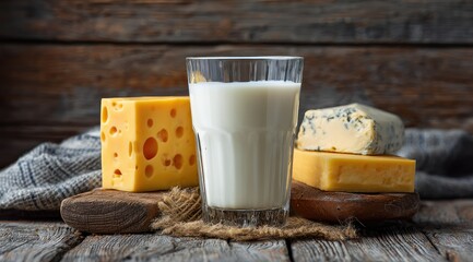 A glass of milk sits between various cheeses on a rustic wooden surface. The cheeses include Swiss, cheddar, and blue cheese, presented with a burlap accent