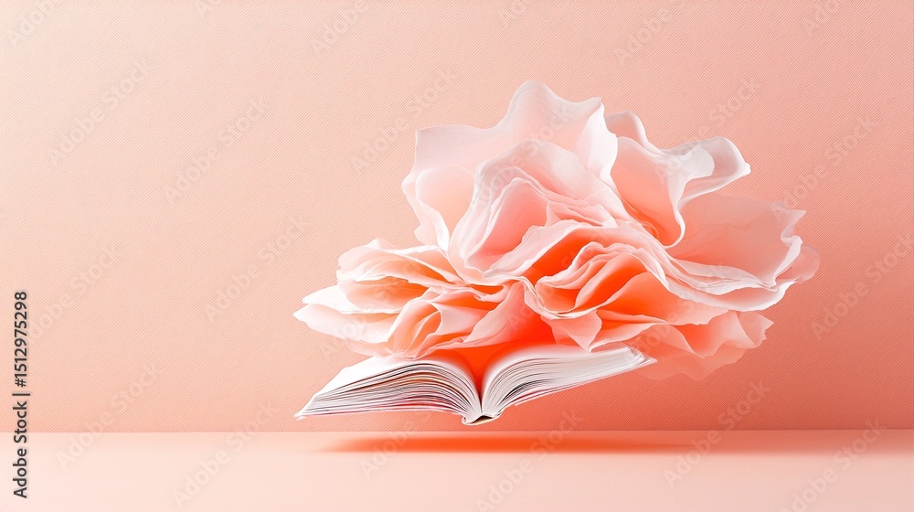 Poster peach colored open book floating with curling pages against a textured background