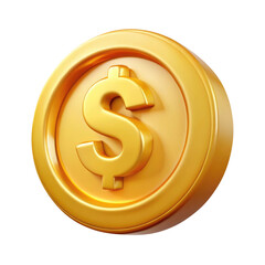 Golden Coin with Dollar Sign Symbol 3d icon in cartoon plastic style minimal isolated on transparent white background, clipping path