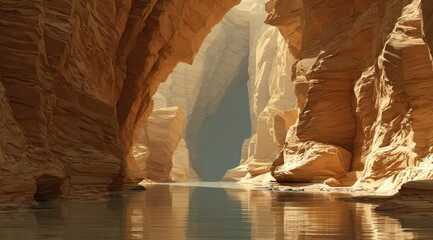 Serene, sunlit canyon waterway reflects light, carved sandstone walls converge towards shadowed depths
