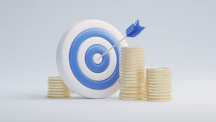 Target with arrow, stacks of coins