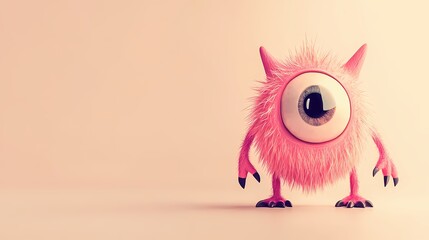 Fototapeta premium A cute minimalist pink monster with one big eye, on a pastel beige background