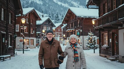 Mature Couple Walking Through Snowy Village Street in Winter Evening with Traditional Wooden Houses and Festive Christmas Tree Lighting in Switzerland - Powered by Adobe