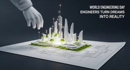 Blueprint to Reality: A Sustainable Cityscape - Innovation, sustainability, progress, future, design. A futuristic city rises from architectural plans