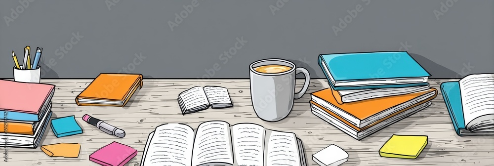 Poster study desk setup with textbooks, sticky notes, and coffee cup for effective learning environment