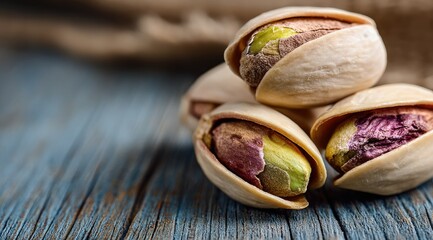 Close-up of three shelled pistachios, slightly open, revealing vibrant green kernels, resting on a rustic blue-grey wooden surface, with blurred burlap in the background
