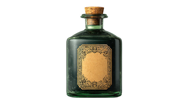 Vintage apothecary bottle green glass with cork stopper antique medicine container potion vial liquid on transparent background
