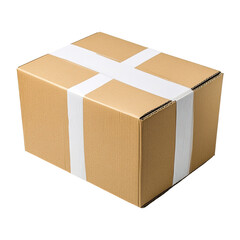 Brown cardboard box with white tape wrapped isolated on transparent background, png, cutout