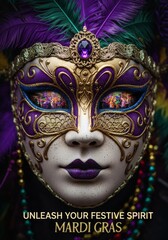 Mardi Gras Masquerade Mystery - A stunning close-up of an ornate masquerade mask reflecting a vibrant New Orleans parade. Symbolizing celebration, mystery, artistry, tradition, and festivity