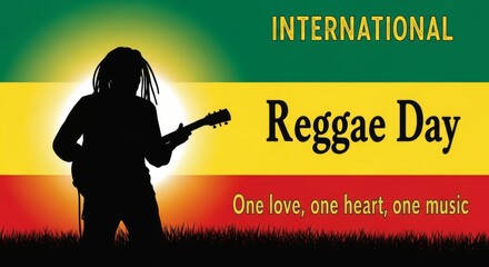 Reggae Day Silhouette Sunset Guitarist - Silhouette of a musician playing guitar at sunset, Rastafarian flag colors, symbolizing peace, unity, music, celebration, and reggae culture