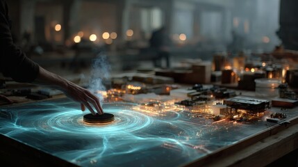 A high-tech simulation of a real-time digital feedback loop, with glowing circuits and animated blue connections responding to invisible user inputs in a holographic interface 