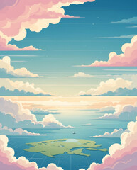 pastel colored digital aerial painting of cumulonimbus cloud floating above calm island mountain seascape at dawn illustration wallpaper background