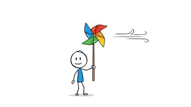 Colorful pinwheel held by stick figure illustration
