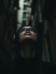 Close-up portrait of a woman looking upwards