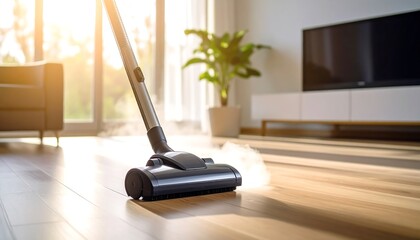 Steam Vacuum Cleaner Cleaning Hardwood Floor in Modern Living Room