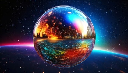 Futuristic Holographic Sphere Chrome Metallic Orb Floating in Space